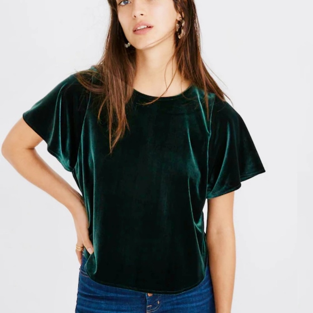 Madewell Dark Green Velvet Short Sleeve Top - Fits like a Medium
